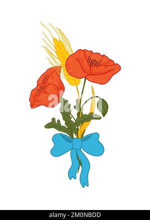 Vektormohn und Zwiebelspitzen von Weizen. Ein Strauß wilder Blumen. Zusammensetzung von rotem Mohn und Weizen. Stock Vektor