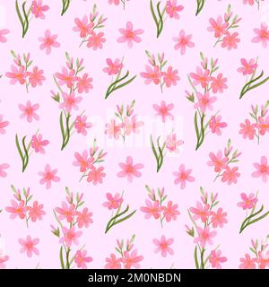 Wasserfarbener Blumenhintergrund. Wasserfarbenes nahtloses Muster mit pinkfarbenen Wildblumen. Ein Blumenzweig auf pinkfarbenem Hintergrund. Stockfoto