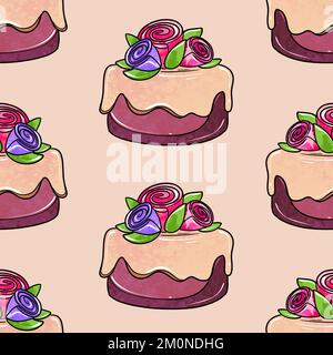 Illustration Raster nahtlose Muster runde lila Farbe Kuchen mit Beeren auf einem beigen Hintergrund verziert. Hochwertige Illustration Stockfoto