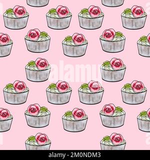 Nahtloses Rastermuster aus Cupcakes mit beigefarbener Basis und gelb-rosa Cremefüllungen, verziert mit Blumen auf rosa Hintergrund. Hochwertige Illustration Stockfoto