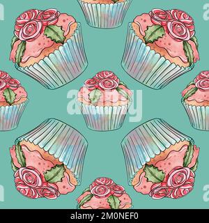Nahtloses Rastermuster von Cupcakes mit blauem Boden und pinkfarbenen cremigen Beerenfüllungen auf blauem Hintergrund. Qualitativ hochwertige Darstellung Stockfoto