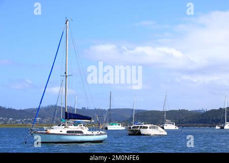 Boote auf der Knysna Lagoon mit Blick auf Knysna Heads, Garden Route in Südafrika Stockfoto