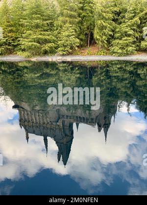 Eine vertikale Aufnahme einer mittelalterlichen Burg, die sich auf dem See mit grünem Ufer spiegelt Stockfoto