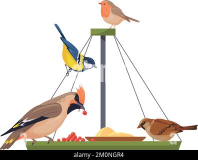 Wilde Vögel essen Beeren auf der Speisekarte der Zeichentrickfigur isoliert auf weißem Hintergrund Stock Vektor