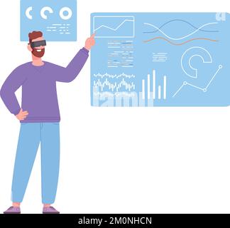 Datenforschung in der virtuellen Realität. Futuristischer Arbeitsprozess isoliert auf weißem Hintergrund Stock Vektor