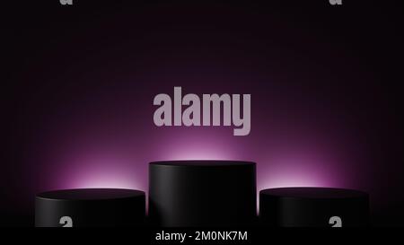 Drei Produktpräsentationen Podium 3D-Illustrationsdesign mit leuchtendem Licht hinter Podiums, Hintergrunddesign für Produktpräsentation oder -Präsentation Stockfoto