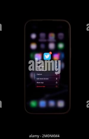 Nahaufnahme von Twitter im Bildschirm „Focus on Remove App“ (App entfernen) auf dem Apple iPhone Stockfoto