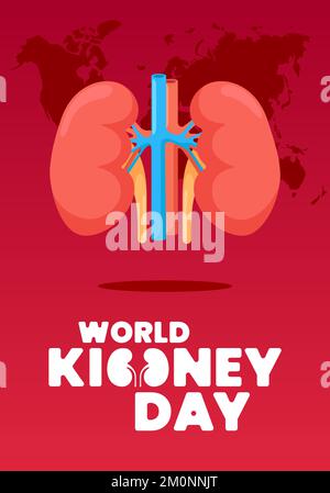 Vertikales Poster zum Weltnierentag. Internationales Fest-Plakat zur gesunden Nierenpflege des Menschen. Urogenitalorganinternes Feiertagsbanner. Urologie in der Erdkarte. Vektordarstellung Stock Vektor