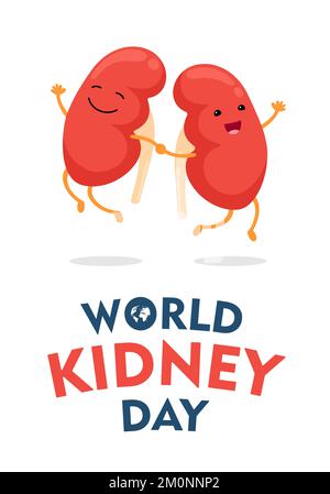 Vertikales Poster zum Weltnierentag mit Zeichentrickfiguren, die fröhlich springen. Internationales Fest-Plakat zur gesunden Nierenpflege des Menschen. Urogenitalorganinternes Maskottchen auf Feiertagsbanner. Eps Stock Vektor