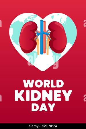 Vertikales Poster zum Weltnierentag. Internationales Fest-Plakat zur gesunden Nierenpflege des Menschen. Urogenitalorganinternes Feiertagsbanner. Urologie im Innern des Herzens auf rotem Hintergrund. Eps Stock Vektor