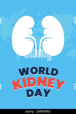 Vertikales Poster zum Weltnierentag. Internationales Fest-Plakat zur gesunden Nierenpflege des Menschen. Urogenitalorganinternes Feiertagsbanner. Urologie-Schild innen auf blauem Erdkartenhintergrund Stock Vektor