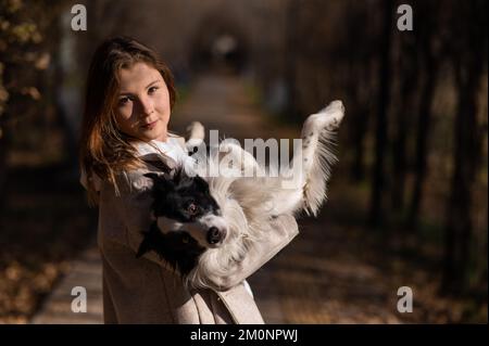 Eine weiße Frau, die einen Border Collie in den Armen hält, während sie im Herbstpark spaziert. Porträt eines Mädchens mit Hund. Stockfoto