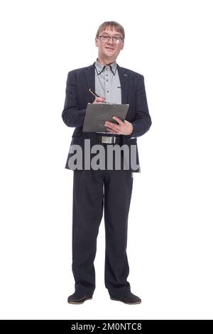 Senior Business Mann mit Zwischenablage. Isoliert auf einem weißen Hintergrund. Stockfoto