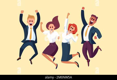 Die Menschen freuen sich an der Arbeit, die Menschen freuen sich über den Sieg, ein Team aus Mitarbeitern feiert. Vektordarstellung Stock Vektor