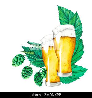 Ein Glas Bier, Hopfen und Blätter. Rahmenfarbe. Clip Art Bierkollektion für das Oktoberfest. Stockfoto