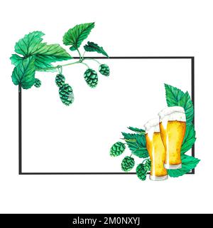 Ein Glas Bier, Hopfen und Blätter. Rahmenfarbe. Clip Art Bierkollektion für das Oktoberfest. Stockfoto