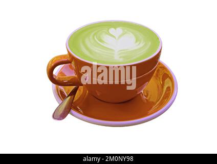 Heißer japanischer Matcha Green Tea Latte im Orange Cup isoliert auf weißem Hintergrund Stockfoto