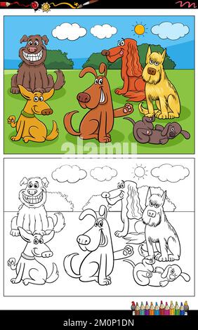 Cartoon Illustration von lustigen Hunden Comic-Figuren Gruppe Malvorlagen Stock Vektor