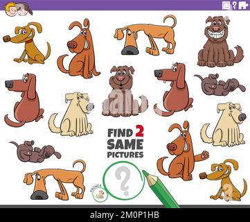 Cartoon-Darstellung, wie man zwei gleiche Bilder findet, ein Lernspiel mit Comichunden, Tierfiguren Stock Vektor
