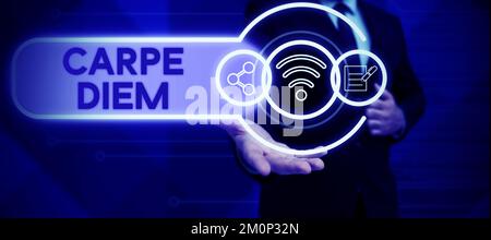 Text wird angezeigt Carpe Diem. Das Wort für ein öffentliches Fest, bei dem die Leute Musik und Tanz spielen Stockfoto