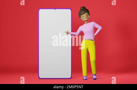 Lächelndes afroamerikanisches Mädchen großes Smartphone-Modell Pink 3D-Rendering-App UI UX-Design. Freiberufler studiert Student. Cartoon multiethn Stockfoto