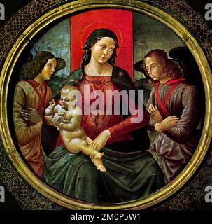 Madonna und Kind und zwei Engel, 1502 von Sebastiano Mainardi 1462-1513, vom Museo Civico von San Gimignano, Toskana, christliche Kunst, Italien, Italienisch. Stockfoto