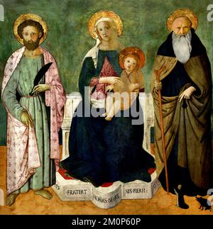 Madonna und Kind, Maria und Christus, am Pier Franceso Fiorentino, 1444-1497, Museo Civico von San Gimignano, Toskana, christliche Kunst, Italien, Italienisch. Anthony der Abt, Bartholomew, Spender Fra Tommaso Corsl, Stockfoto