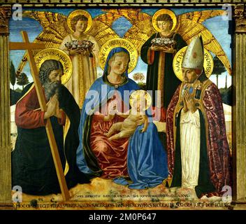 Madonna der Demut, Madonna und Kind, Maria und Christus, zwei Engel, St. Andrew, St. Prosperus, vom Museo Civico von San Gimignano, Toskana, christliche Kunst, Italien, Italienisch. Stockfoto