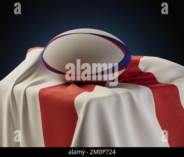 Ein normaler Rugby-Ball, der auf einer englischen Flagge ruht, über einem Sockel auf einem isolierten Studiohintergrund - 3D-Rendering Stockfoto