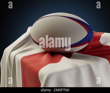 Ein normaler Rugby-Ball, der auf einer englischen Flagge ruht, über einem Sockel auf einem isolierten Studiohintergrund - 3D-Rendering Stockfoto