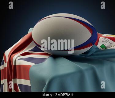 Ein normaler Rugby-Ball, der auf einer Fidschi-Flagge ruht, über einem Sockel auf einem isolierten Studiohintergrund - 3D-Rendering Stockfoto