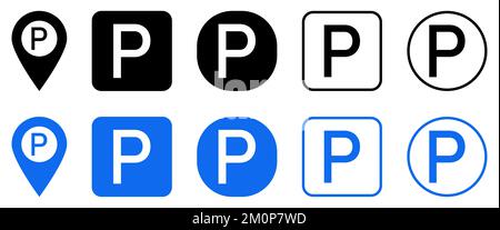 Symbolsatz Parken. Parkplätze und Verkehrsschilder. Vektordarstellung Stock Vektor