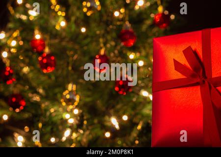 Goiânia, Goias, Brasilien – 07. Dezember 2022: Eine Geschenkbox, rot, mit Schleife und einem Weihnachtsbaum im Hintergrund. Stockfoto