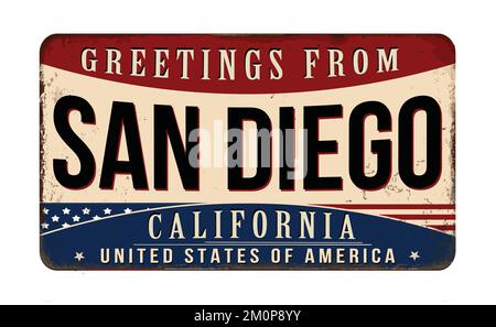 Grußzeichen aus rostfreiem Metall aus San Diego auf weißem Hintergrund, Vektorgrafik Stock Vektor
