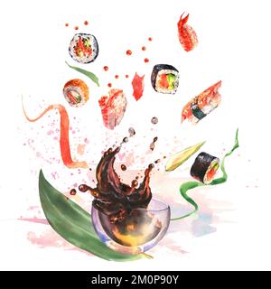 Aquarell-Zusammensetzung mit Sushi, Spritzwasser-Salbe, Zutat für Sushi auf weißem Hintergrund. Für Design Sushi Restaurant Menü, Karten, Druck, Design, Wal Stockfoto