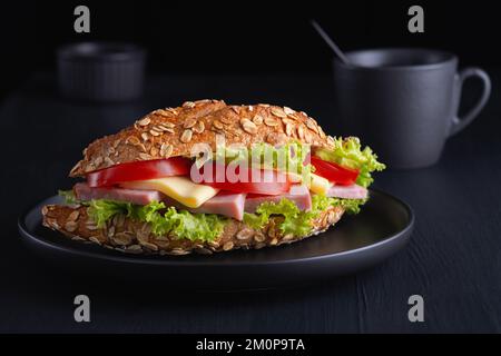 Gebratenes Schnitzel mit Kartoffelpüree und roter frischer Tomate auf dem weißen Teller Stockfoto