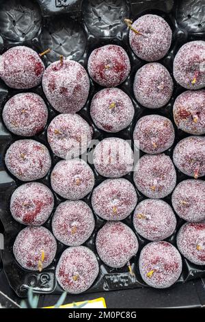 Rote Äpfel mit künstlichem Schnee bestreut, für Blumensträuße, für verschiedene Anlässe und Dekorationen Stockfoto