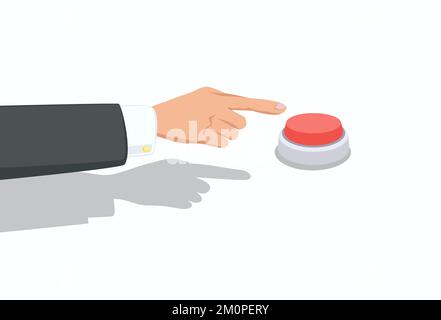 Hand mit schwarzem Ärmel und weißem Hemd drücken Sie mit einem Finger auf den roten Knopf. Stock Vektor