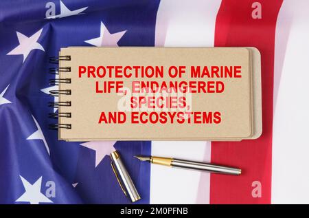 Recht und Ordnung. Vor dem Hintergrund der Flagge der Vereinigten Staaten von Amerika liegt ein Notizbuch mit der Aufschrift "SCHUTZ DER MARINE" Stockfoto