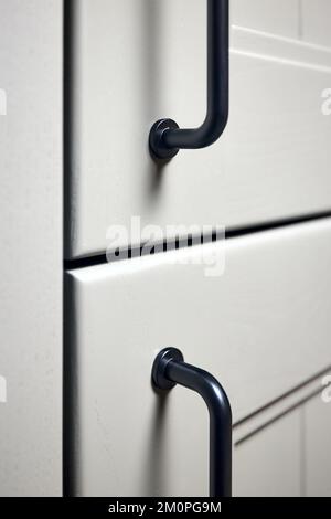 Graue Moos Massivholz lackierte Schranktüren moderner Innenraum mit Türknöpfen schwarze Griffe, Aufbewahrung oder Kleiderschrank mit Metallgriffen geschlossen Stockfoto
