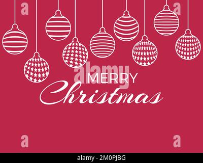Frohe Weihnachten. Weihnachtsbälle mit Streifen und Sternen aufhängen. Weiße Konturen von Weihnachtsbällen auf einem magentafarbenen Viva-Hintergrund. Weihnachtsdesign zur Begrüßung Stock Vektor