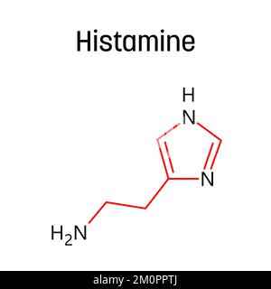 Histaminmolekularstruktur. Histamin ist eine organische Verbindung, die an lokalen Immunreaktionen beteiligt ist, physiologische Funktionen reguliert und als Neurotransmitter wirkt. Vektorstrukturformel einer chemischen Verbindung mit roten Bindungen und schwarzen Atommarkierungen. Stock Vektor
