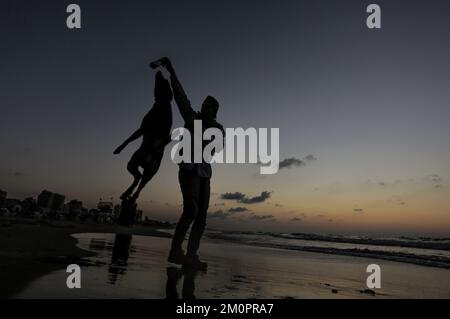 Gaza, Palästina. 07.. Dezember 2022. Ein Palästinenser trainiert seinen Hund bei Sonnenuntergang entlang der Küste westlich von Gaza City. (Foto: Mahmoud Issa/SOPA Images/Sipa USA) Guthaben: SIPA USA/Alamy Live News Stockfoto