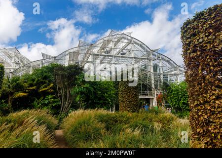 Eintritt zum Glasshouse im RHS Garden Wisley, Surrey, Südostengland, Großbritannien an einem sonnigen Tag mit blauem Himmel Stockfoto