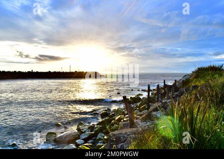 Sonnenuntergang am Abend in der grauen Mündung an der Westküste Neuseelands. Stockfoto