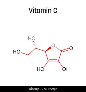 Vitamin-C-Molekularstruktur. Vitamin C, Ascorbinsäure oder Ascorbat, die in Obst und Gemüse enthalten sind. Vektorstrukturformel einer chemischen Verbindung mit roten Bindungen und schwarzen Atommarkierungen. Stock Vektor