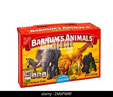 Eine Schachtel mit Barnum's Animal Crackers von Nabisco in der neuen Käfigbox, eine gute Kalziumquelle Stockfoto