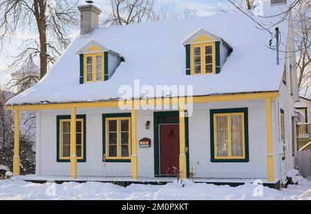 Altes 1800er Jahre weiß mit gelben und grünen Zierleisten Kanadiana Cottage Stil Haus im Winter. Stockfoto