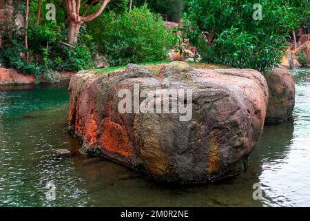 Felsen im tropischen Fluss. Große Steine im fließenden Wasser Stockfoto