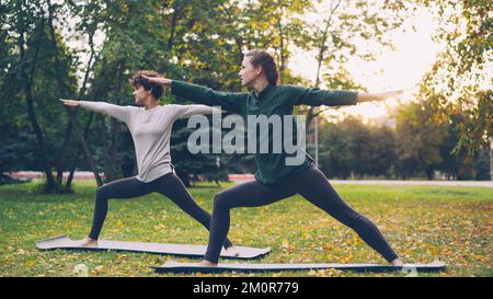 Schöne junge Damen stehen in Half Moon Pose Ardha Chandrasana während Paar Yoga-Kurs im Park im Herbst. Gesunder Lebensstil, Lehr- und Lernkonzept und Sportkonzept. Stockfoto
